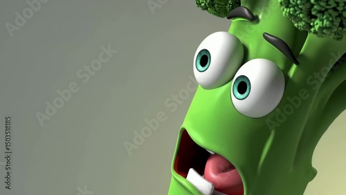 Animated broccoli expresses shock and surprise in charming closeup sequence