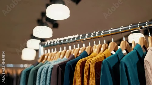Fashion retail display: stylish garment rack featuring colorful clothing selection