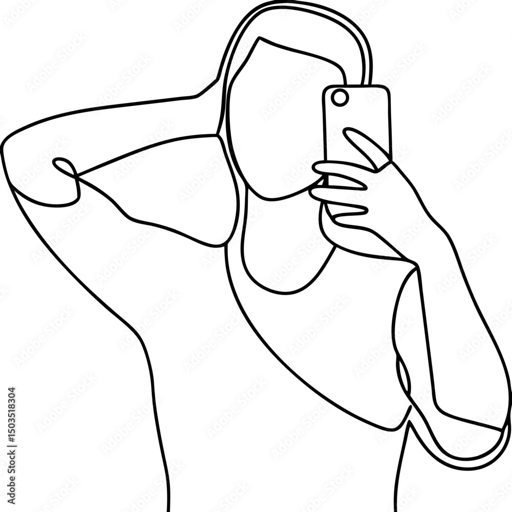 Fototapeta premium Woman taking selfie, line art illustration, for social media
