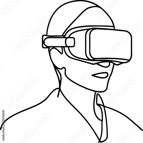 Person wearing VR headset, line art illustration