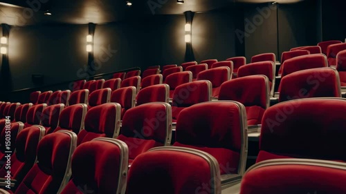 Empty cinema rows captured in dimly lit modern theater interior