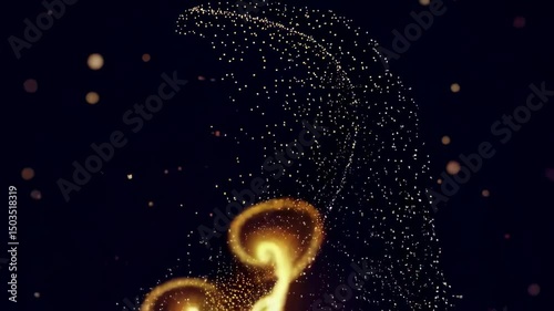 Dynamic golden particle swirl forming abstract wave in motion