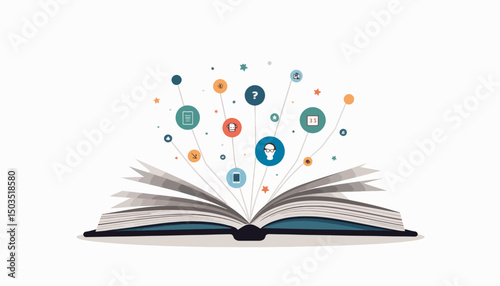 Stylized book bursting with digital icons, symbolizing online mentoring