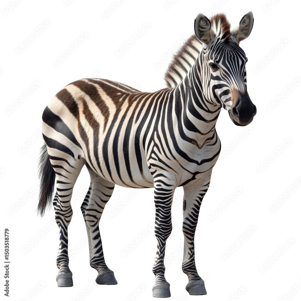 Fototapeta premium Striking zebra portrait showcasing unique stripes against a transparent backdrop