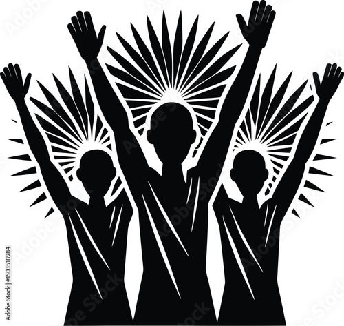Silhouette of Three People Cheering With Raised Arms