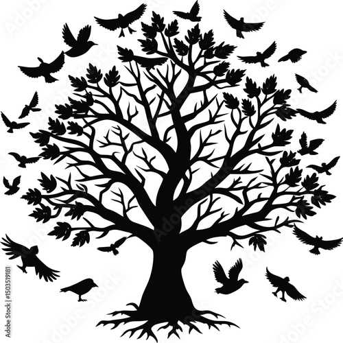 Silhouette of Tree Surrounded by Crows