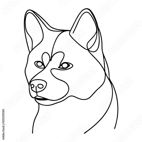 Adorable Akita Inu dog portrait, single line drawing. Elegant Akita Inu canine head illustration, simple continuous line art.  Akita Inu image for pet lover greeting cards, pet shop logo,