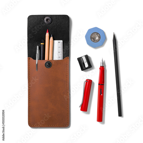 Top view opened leather pencil case containing pen, pencils and ruler, stationery drawing tools, eraser, pencil sharpener isolated on a transparent background, PNG. High resolution.