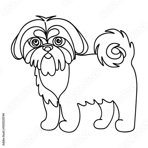 Adorable Shih Tzu dog portrait.  One line drawing of fluffy Shih Tzu pet. Elegant pet portrait for pet lovers and animal websites.  This charming Shih Tzu illustration is perfect for greeting cards,
