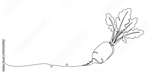 Continuous single line drawing of white radish with leafy top, depicting crispness and earthy color, line art style vector illustration.