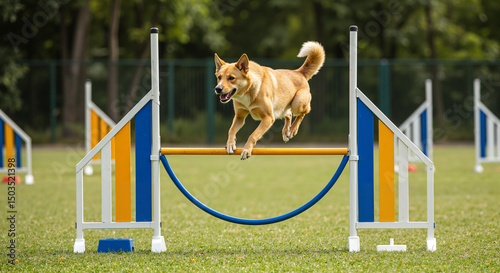 Dog jumping over agility hurdle in training course outdoors  