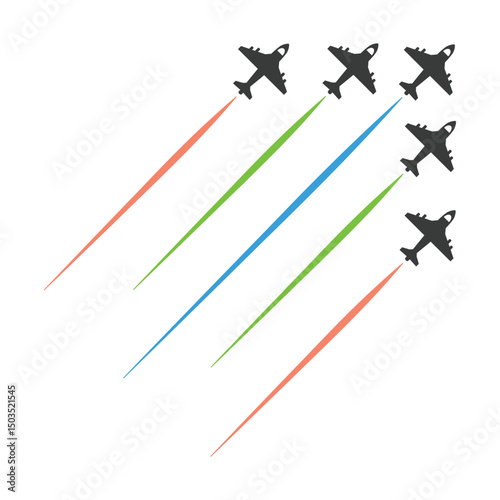 Air show illustration drawing, dynamic display of aircraft in flight, showcasing aerial maneuvers with colorful smoke trails