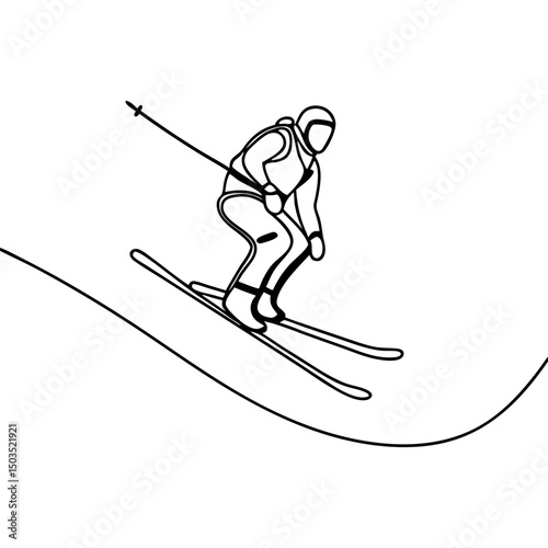 Skier downhill skiing, line art style, monochrome illustration for sports websites