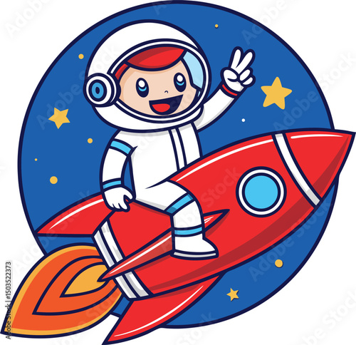 Cartoon astronaut riding red rocket ship with peace sign in front of blue starry background