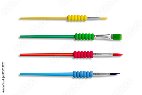 Set of various size of kids paintbrushes isolated on a transparent background, PNG. High resolution.