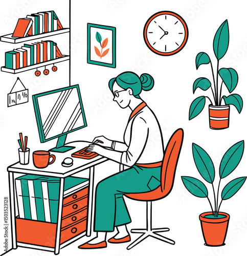A woman working at a desk with a computer plants and shelves in a colorful cartoon illustration