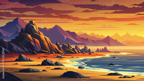 Beach at dusk with silhouetted mountains vector in the distance sunset time, landscape background