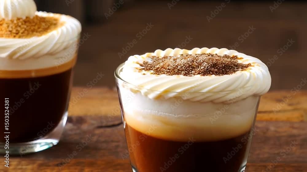 Three glasses of layered coffee drinks topped with whipped cream and a sprinkle of crunchy topping Three glasses of layered coffee drinks topped with whipped cream and a sprinkle of crunchy topping