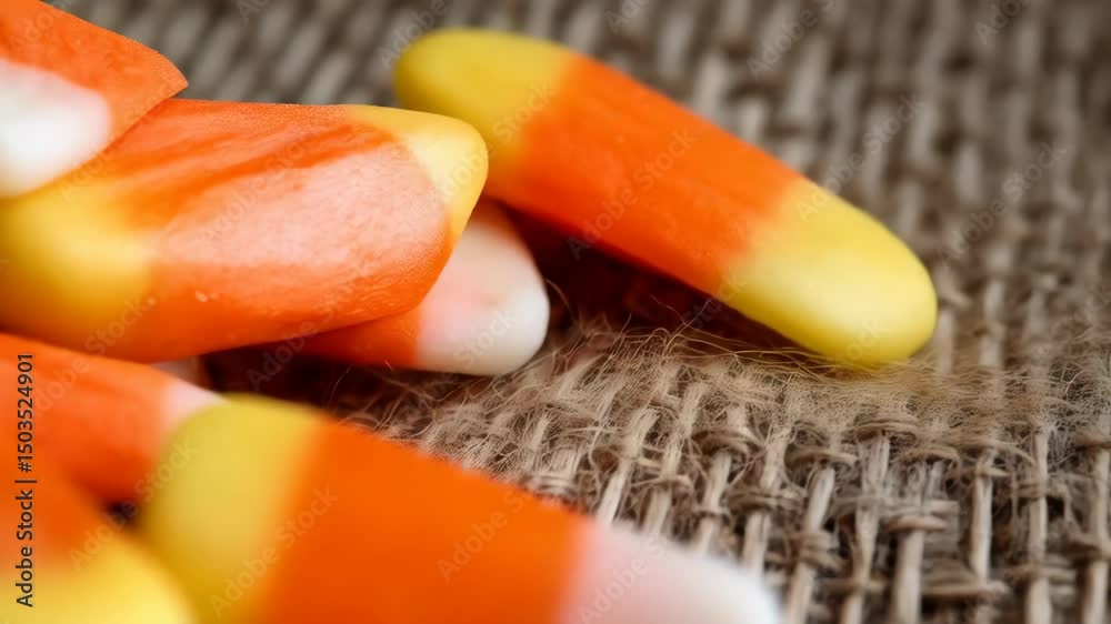 Close-up of pile of candy corn on burlap. Featuring traditional yellow, orange, and white Halloween candies.