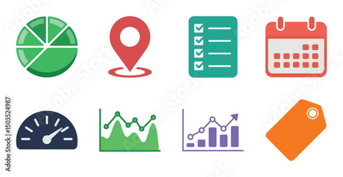 Colorful business icons set data analytics marketing charts