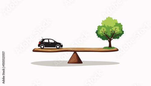 Balanced scale weighing car and tree, personal carbon footprint impact