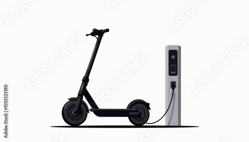 Sleek black electric scooter charging at modern station, eco-friendly design