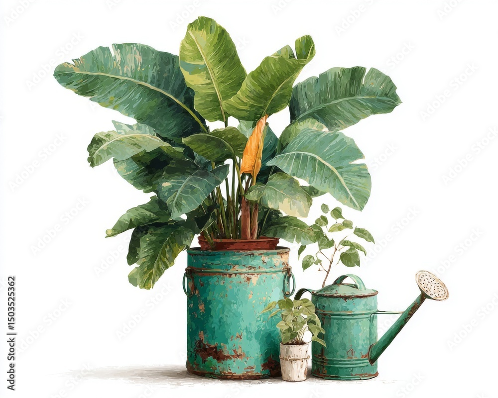 Fototapeta premium Tropical Plants in Rustic Teal Pots and Watering Can