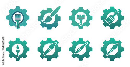 Eight green gear icons with paintbrush and torch designs