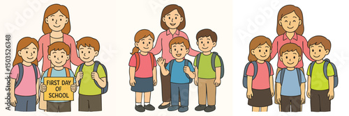 Vector collection of children posing with teacher on the first day of school, bright colored clothes (pink, blue, green)