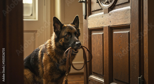 German shepherd holding a leash while waiting by the front door  