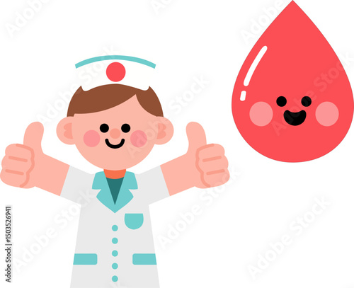 cartoon nurse and smiling blood drop celebrating world blood donor day, promoting kindness, care, and health awareness.