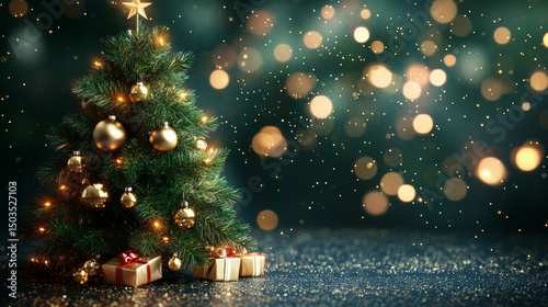 Christmas tree with glowing lights and star in snowy winter night landscape for festive backgrounds and seasonal design

