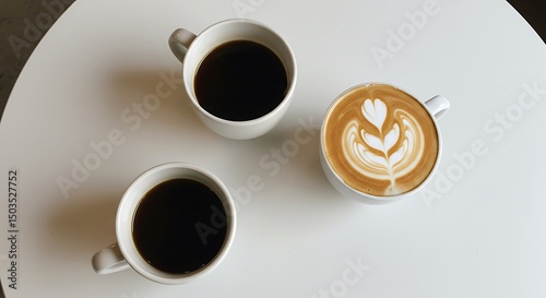 Two cups of coffee on a white table.