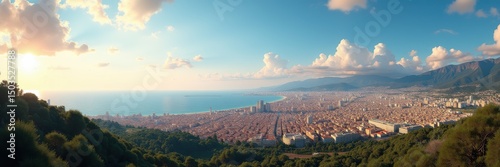 A stunning panoramic view of a coastal city at sunset, showcasing its vibrant skyline and surrounding nature. Perfect for travel, tourism, or real estate projects.