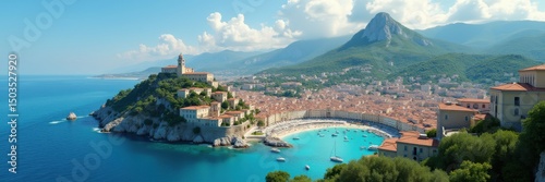 A stunning panoramic view of a coastal town with a picturesque harbor, mountains in the background, and vibrant blue waters, perfect for travel and tourism marketing.