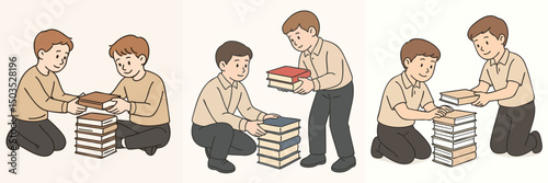 Vector Illustration collection of boy helping friend to organize books, beige shirt and black pants