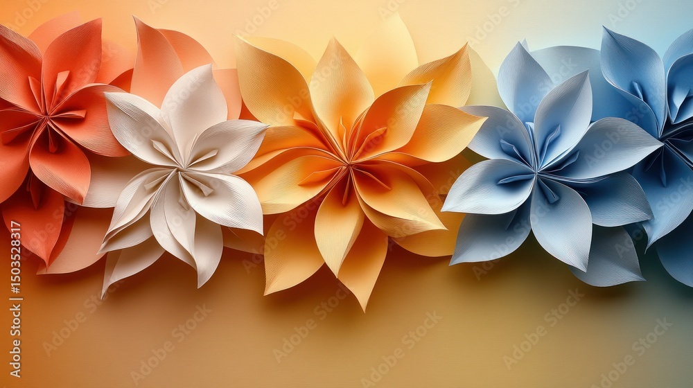 Fototapeta premium Colorful Origami Flowers on Gradient Background