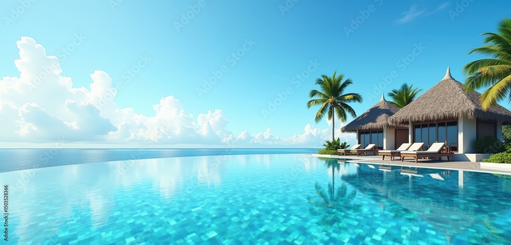 Fototapeta premium A luxurious tropical villa with an infinity pool overlooking the ocean, surrounded by palm trees, perfect for travel and vacation promotions.