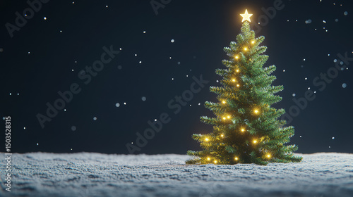 Glowing Christmas tree with lights and star on snowy ground at night with falling snow – festive background for holiday season and winter design projects

