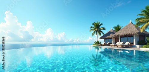A luxurious tropical villa with an infinity pool overlooking the ocean, surrounded by palm trees, perfect for travel and vacation promotions.