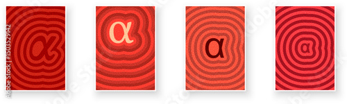 Stylized alpha symbols over red ripple backgrounds. Vector illustration with a bold, academic, and scientific feel.