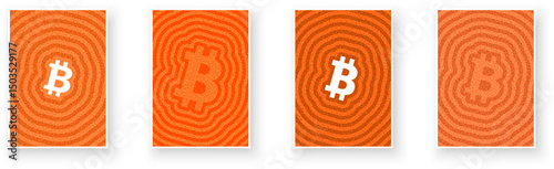 Vector illustration of bitcoin icons in different brightness and contrast levels on concentric ripple patterns in orange tones.