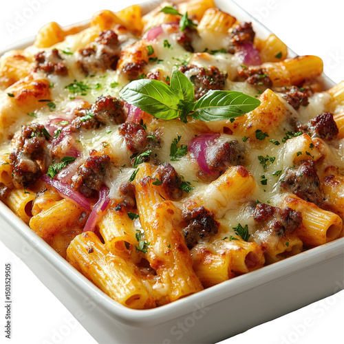 Delicious pasta casserole with browned meat, melted cheese and vibrant red onions photo