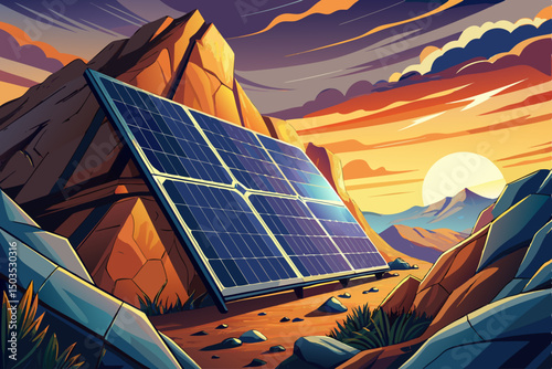 Solar panels generate clean energy vector under a partly cloudy sky at dusk in a field sunset illustration