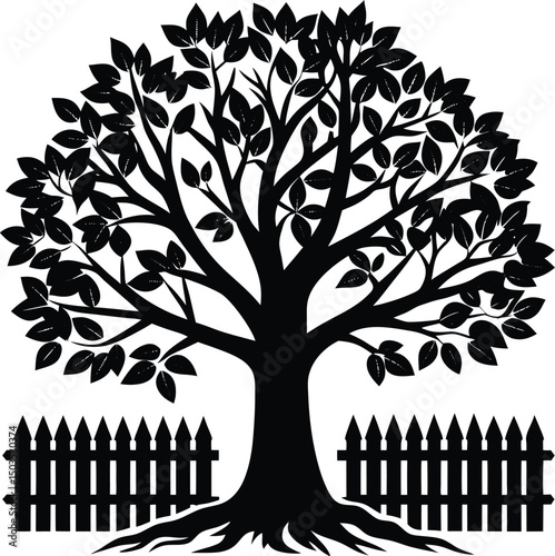 Tree Growing Through A Fence In Silhouette