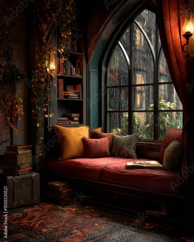 Cozy Reading Nook by Rainy Window in Dark Room