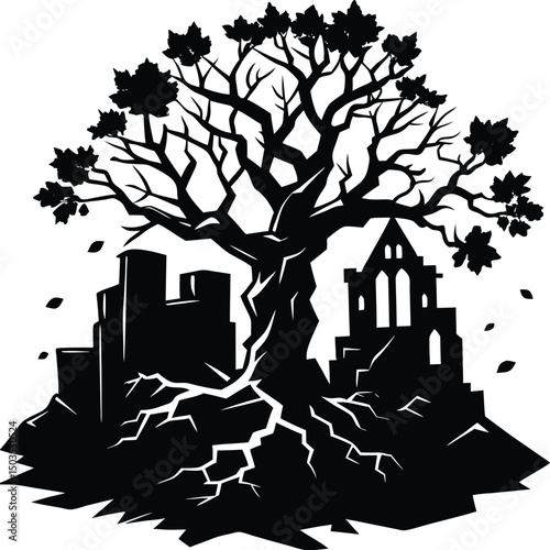 Tree Growing Through Ruins In Silhouette Form