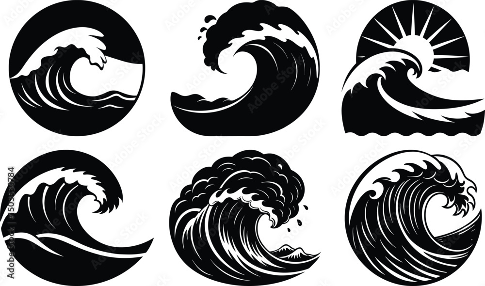Silhouette Waves Design Collection Isolated on White Background Silhouette Waves Design Collection Isolated on White Background