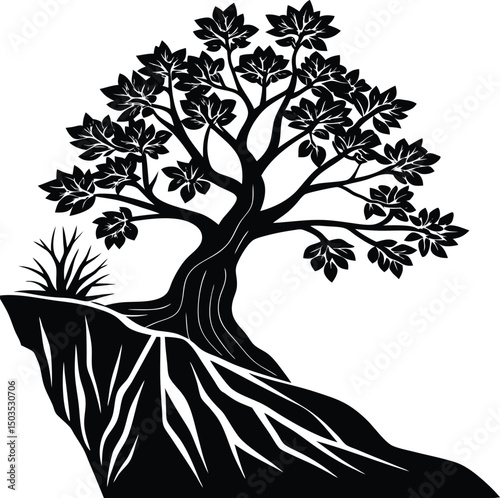 Tree On Mountain Cliff In Silhouette Style