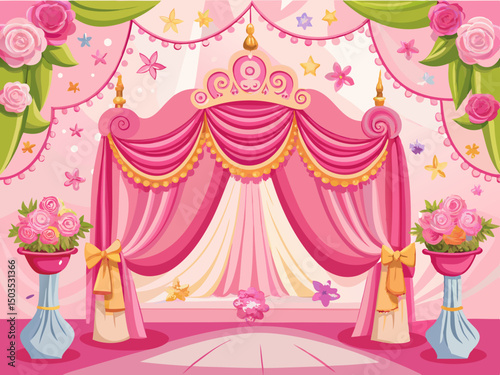 vector of Pink princess party backdrop with soft curtains and floral accents. Perfect for birthday parties, girly themed events, or creating a whimsical and feminine atmosphere...